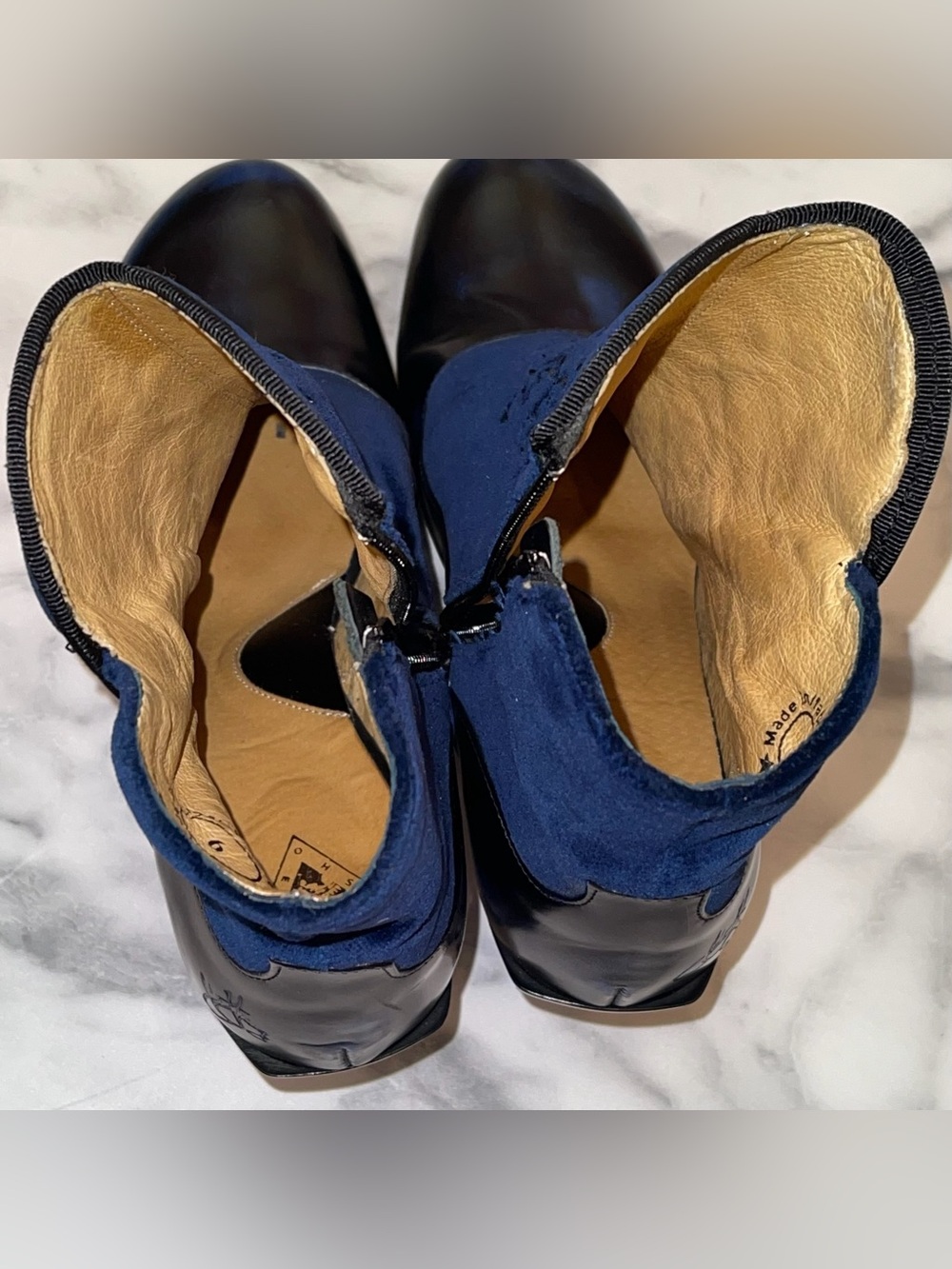 John Fluevog Lorrain Baroque Velvet Leather Boots Blue Black 9 GUC - Picture 6 of 9